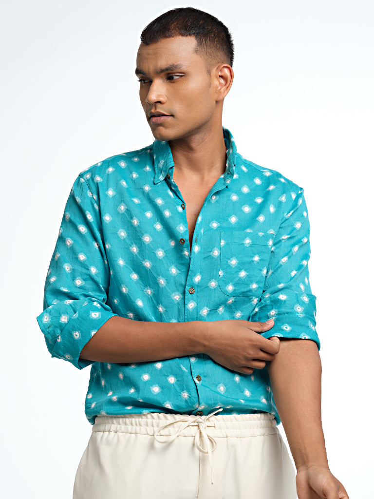 Long Sleeve Regular Collar Bandhani Shirt – Aqua Blue