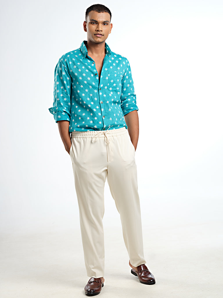 Long Sleeve Regular Collar Bandhani Shirt – Aqua Blue