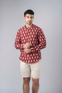 Regular Fit Block Printed Cotton Shirt - Paisley Red
