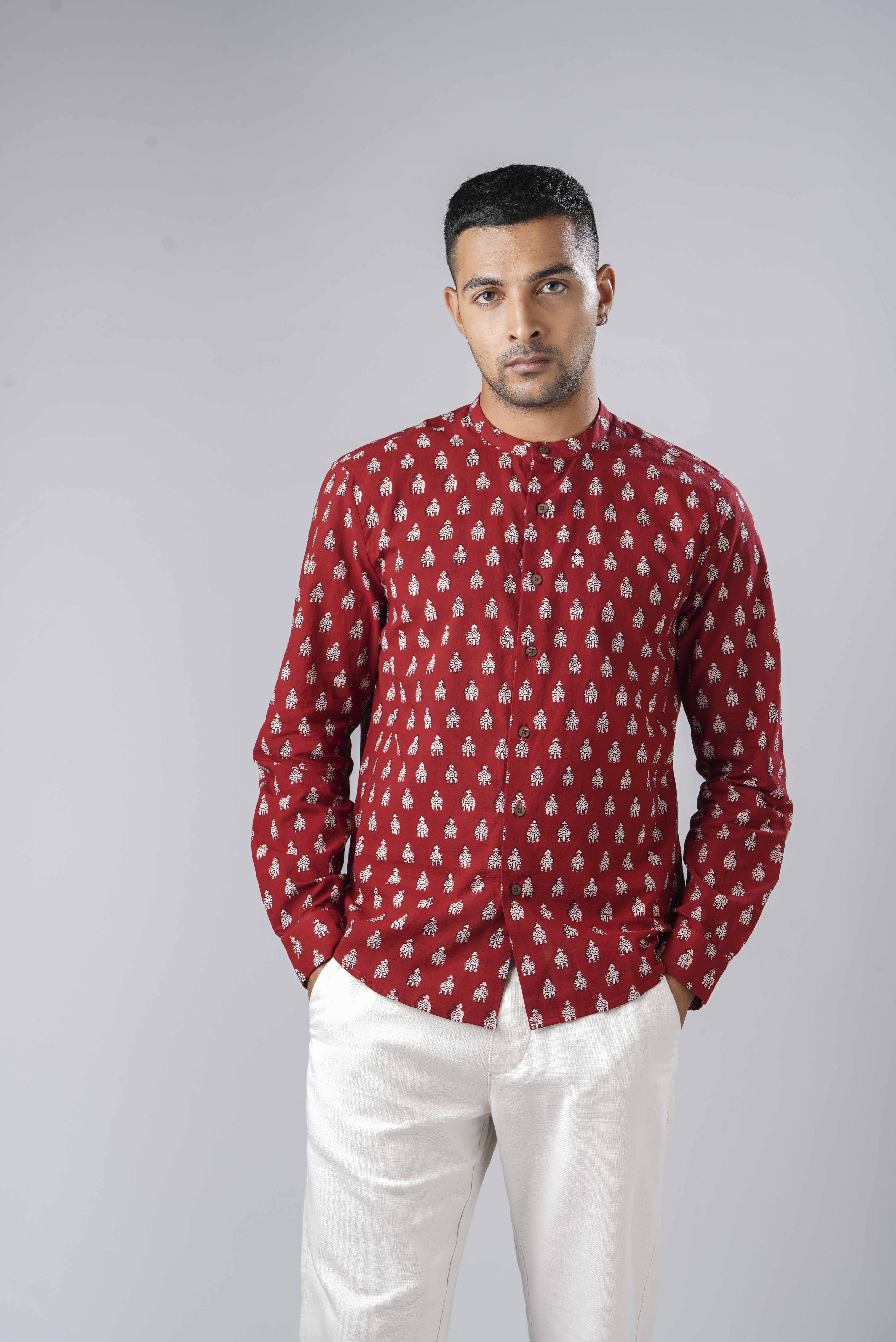 Regular Fit Block Printed Cotton Shirt - Jhumka Red