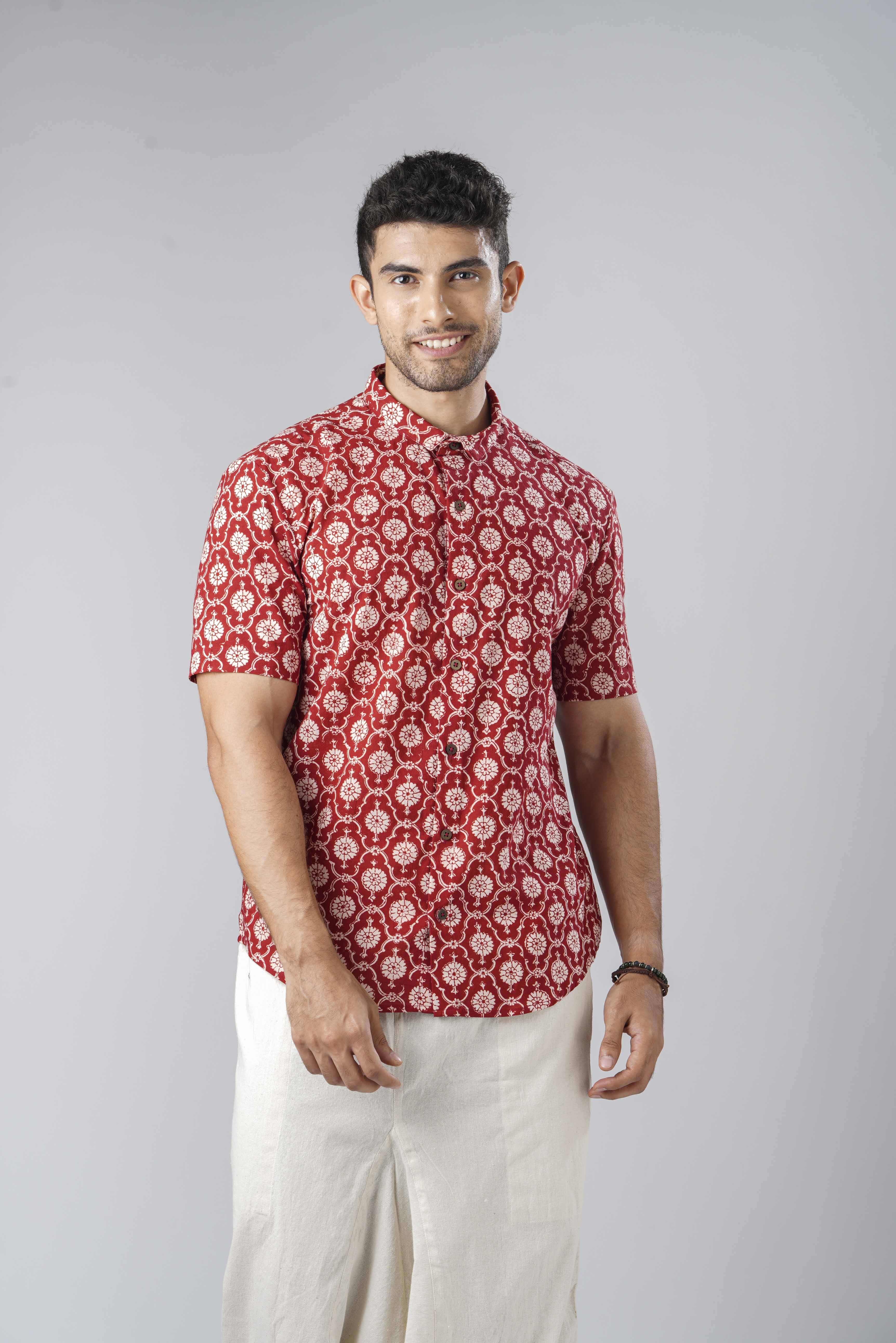 Slim Fit Block Printed Cotton Shirt - Jaal Red