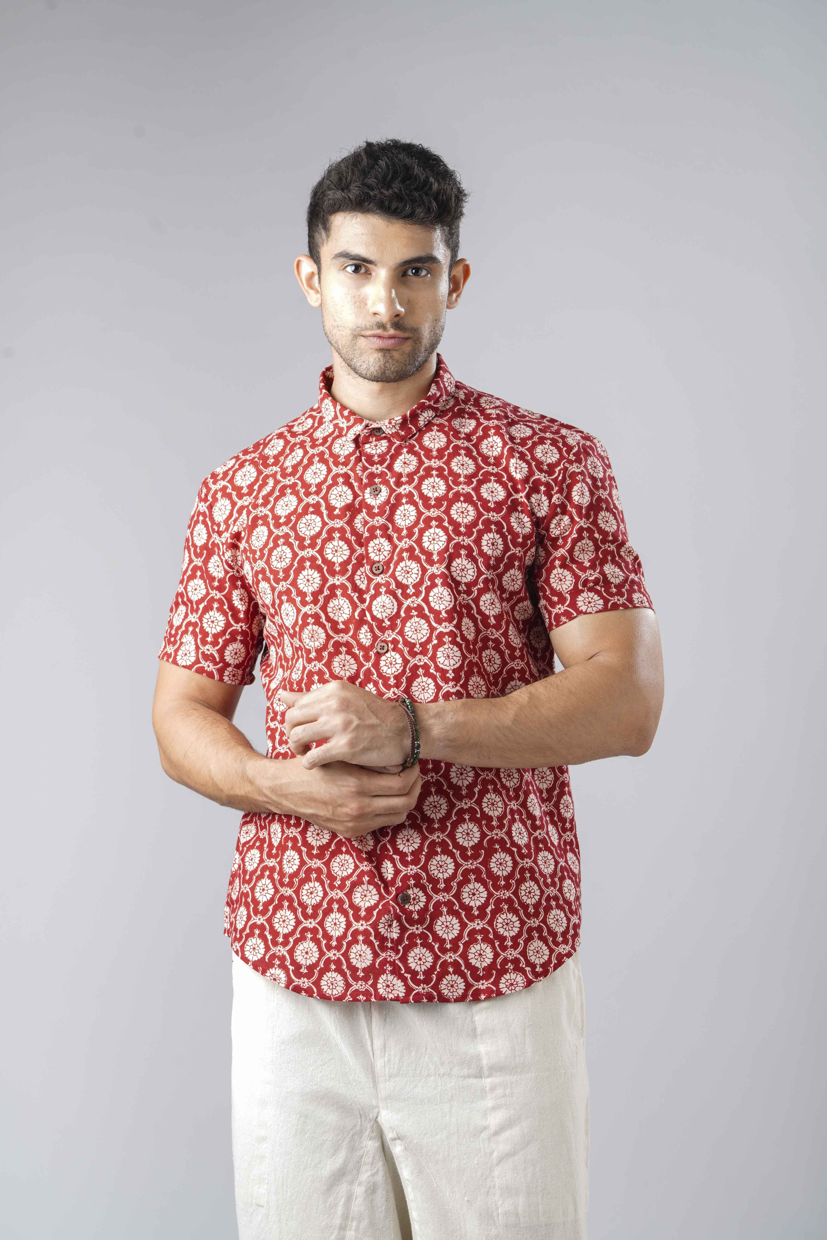 Slim Fit Block Printed Cotton Shirt - Jaal Red