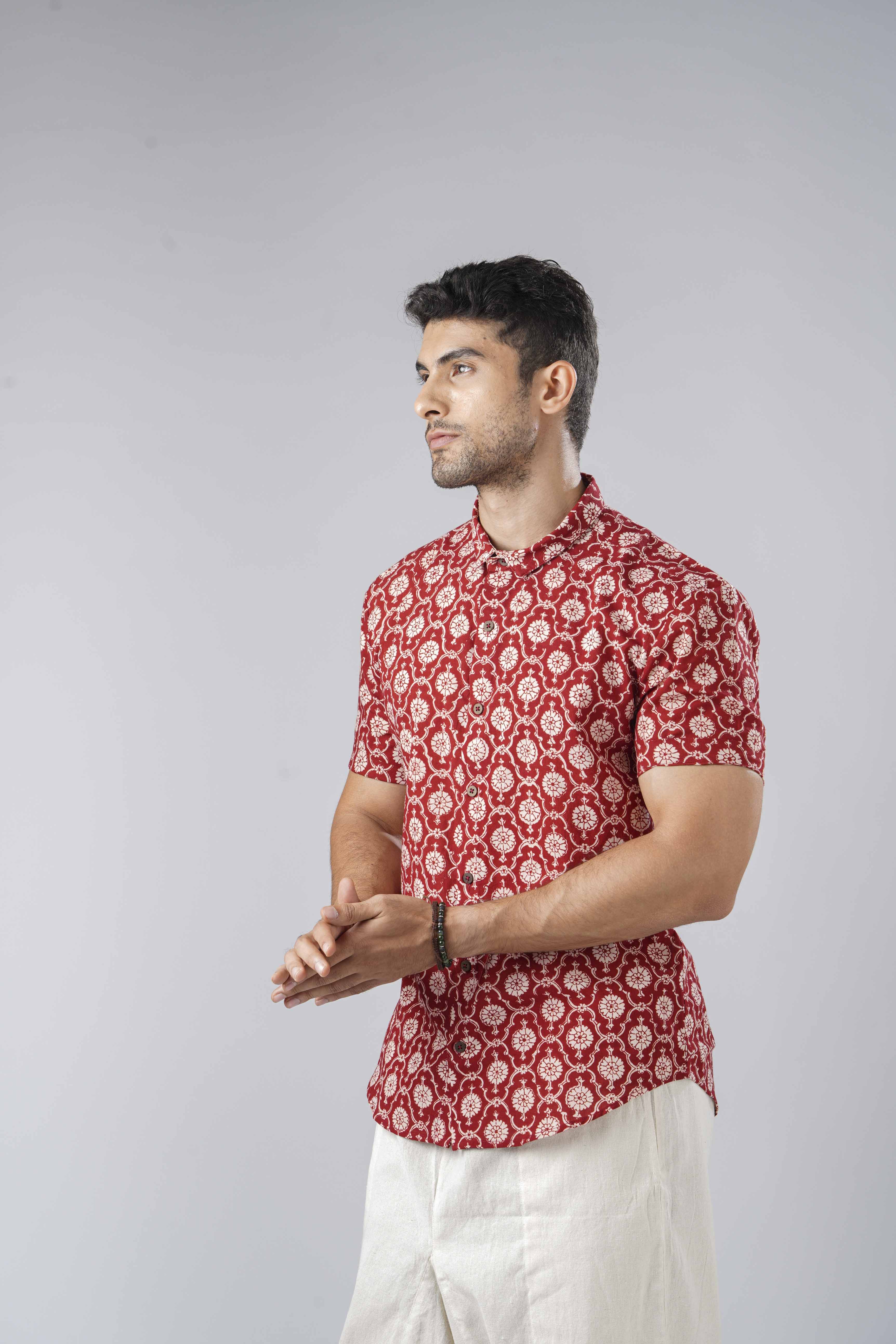 Slim Fit Block Printed Cotton Shirt - Jaal Red