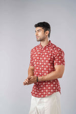 Load image into Gallery viewer, Slim Fit Block Printed Cotton Shirt - Jaal Red
