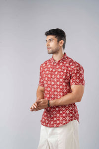 Slim Fit Block Printed Cotton Shirt - Jaal Red