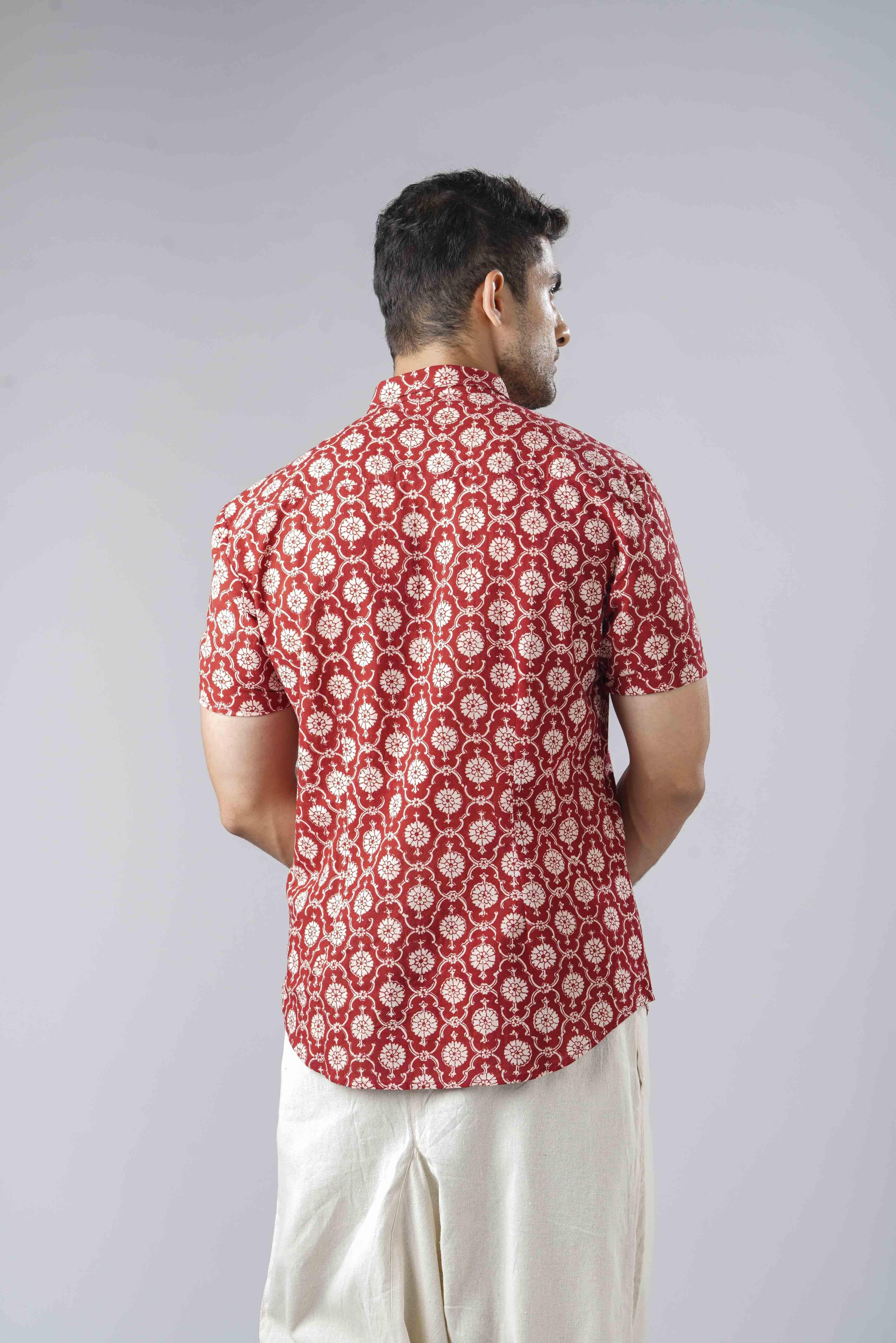 Slim Fit Block Printed Cotton Shirt - Jaal Red