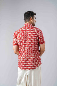 Slim Fit Block Printed Cotton Shirt - Jaal Red