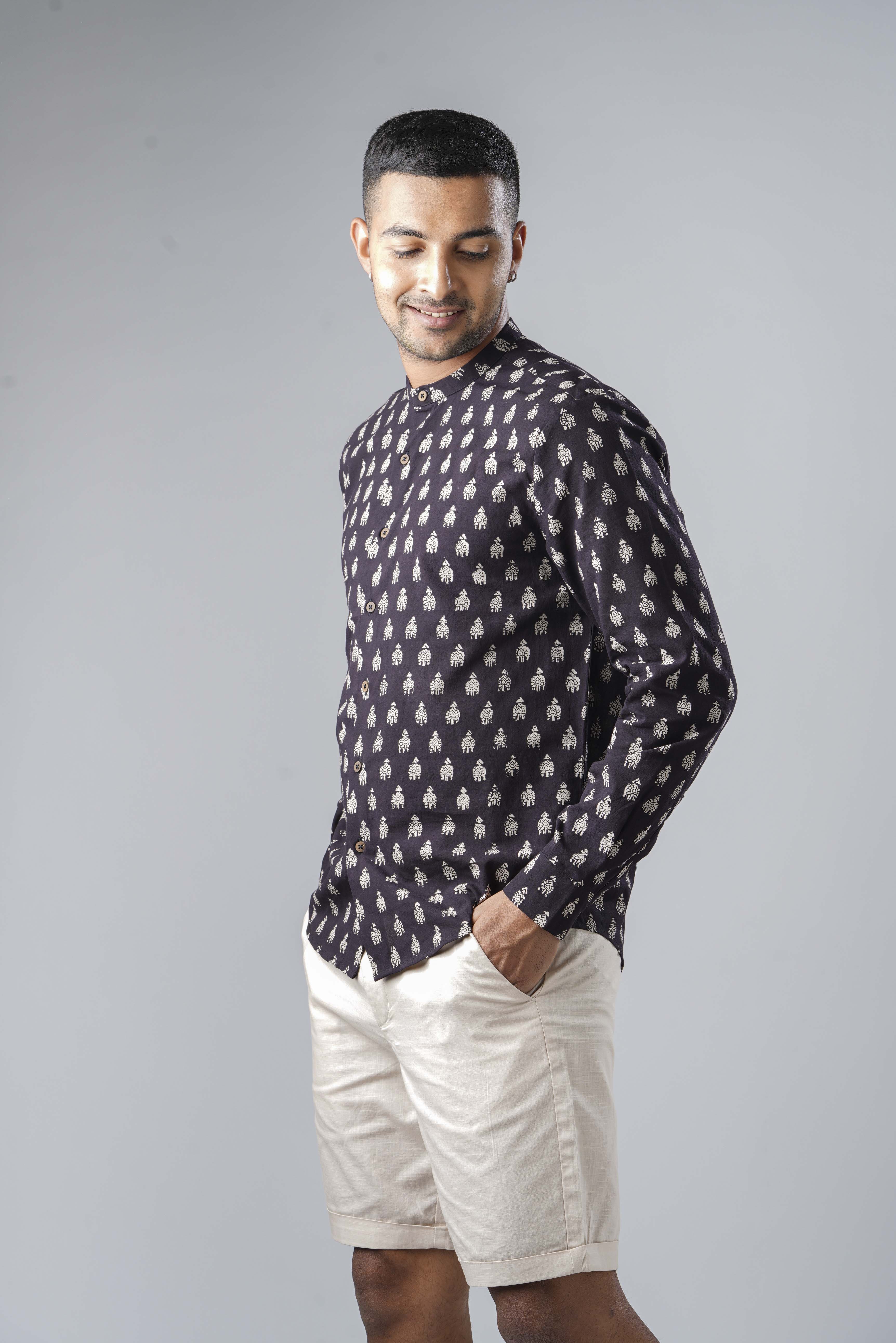 Regular Fit Block Printed Cotton Shirt - Jhumka Black