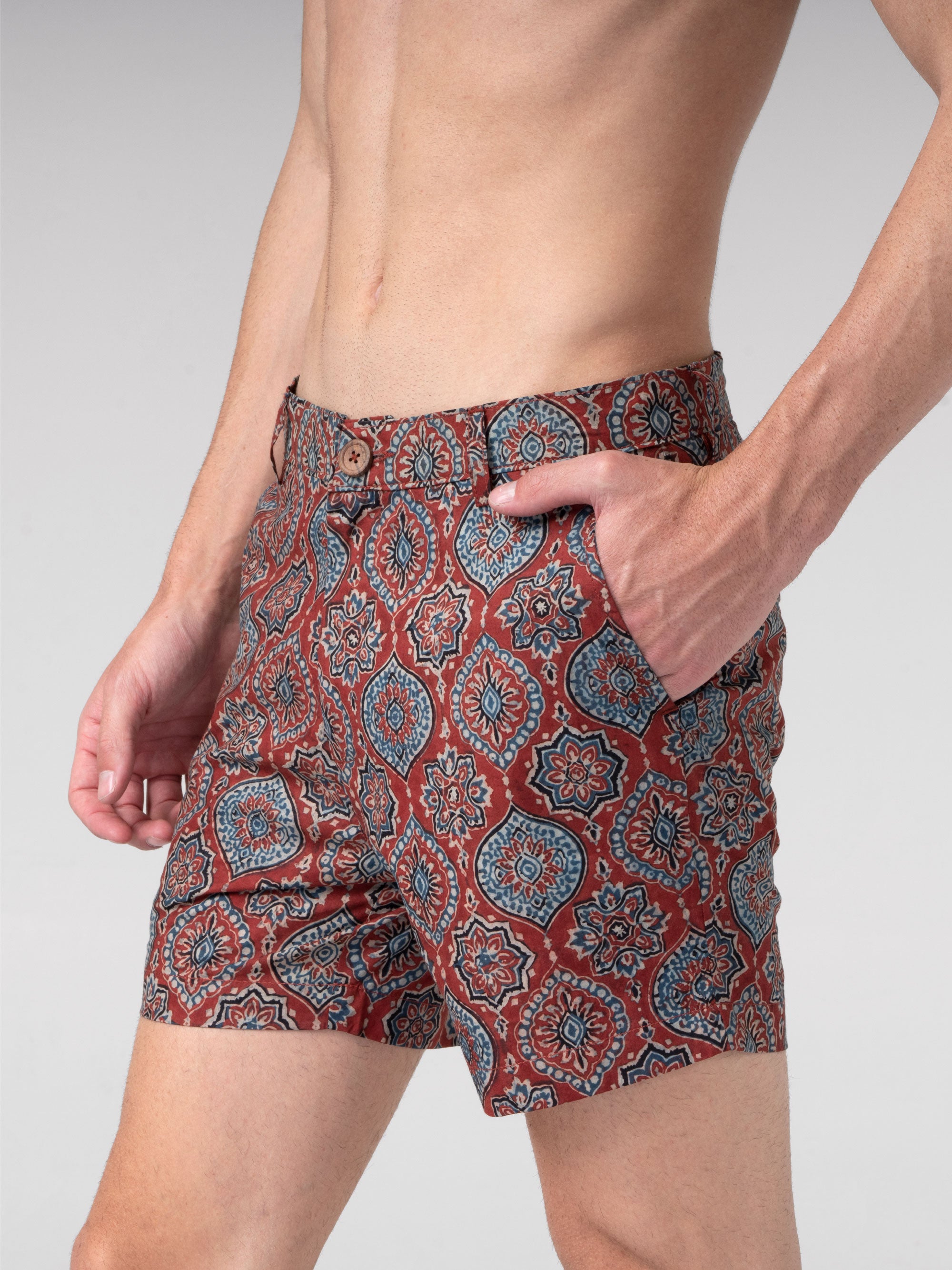 Regular Fit Block Printed Cotton Shorts - Gulshan Red