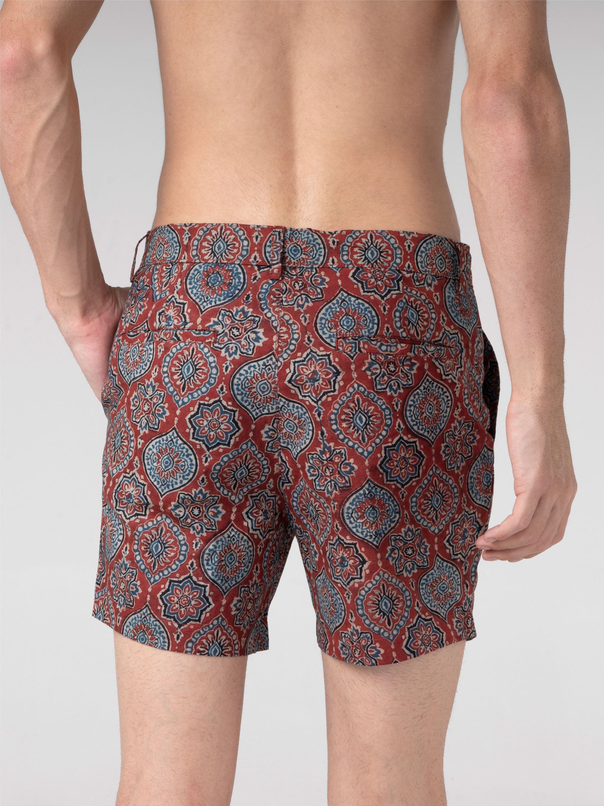 Regular Fit Block Printed Cotton Shorts - Gulshan Red
