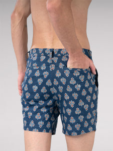 Regular Fit Block Printed Cotton Shorts - Ankur Blue