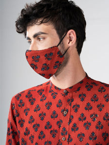 Block Printed Reversible Cotton Mask - Ankur Red