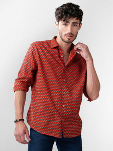 Regular Fit Block Printed Cotton Shirt - Chaman Red
