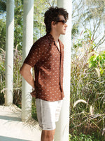 Load image into Gallery viewer, Cuban Collar Handwoven Ikat Shirt - Wood Chips
