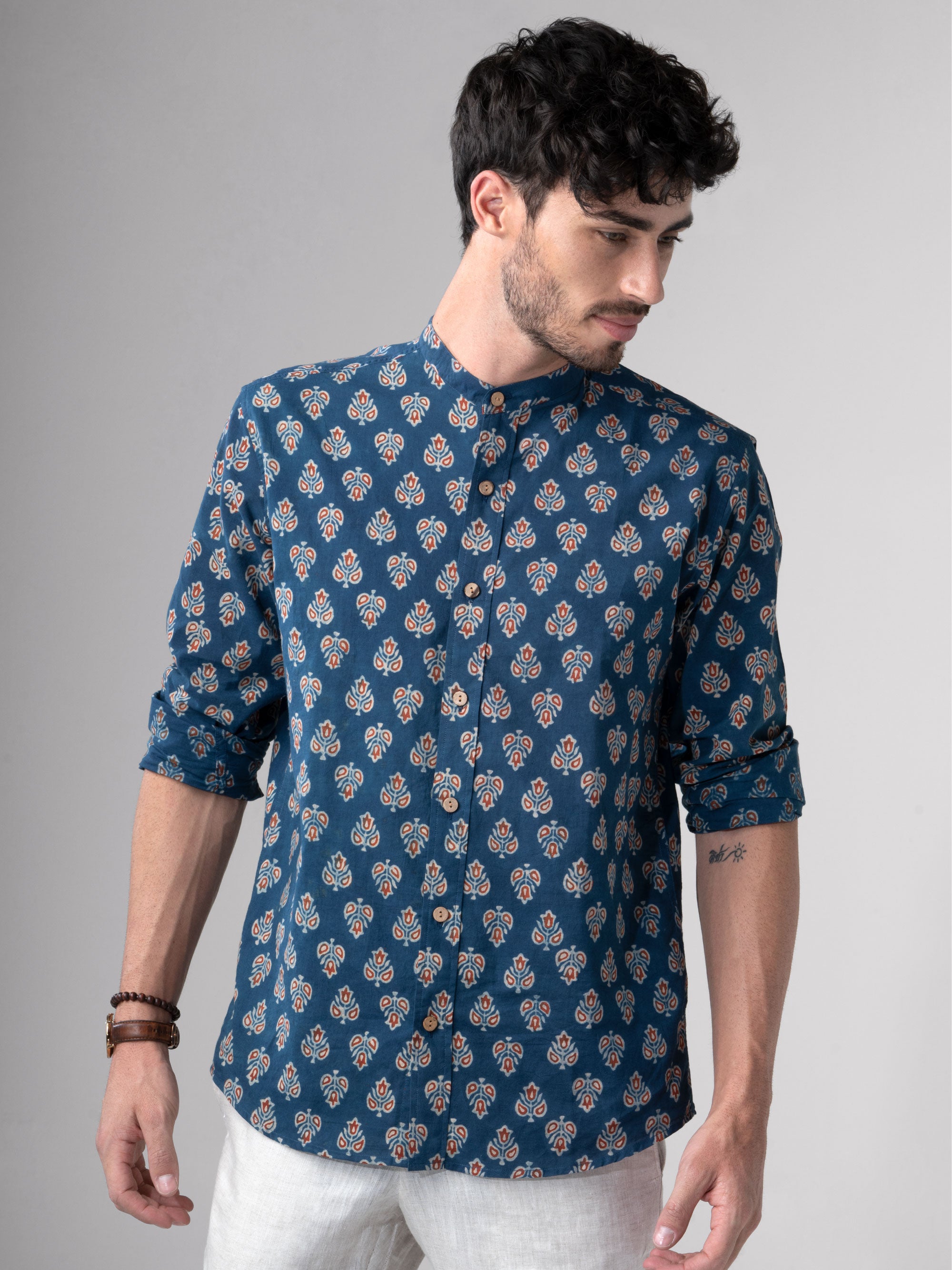 Regular Fit Block Printed Cotton Shirt - Ankur Blue