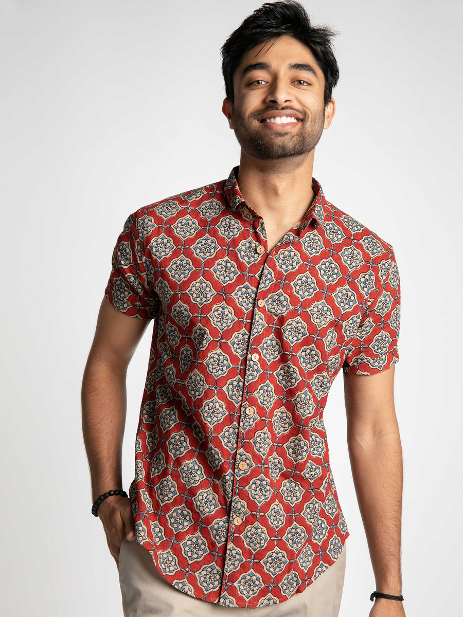 Slim Fit Block Printed Cotton Shirt - Farsh Red – Pali Clothing