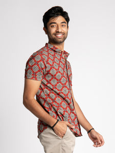 Slim Fit Block Printed Cotton Shirt - Farsh Red – Pali Clothing