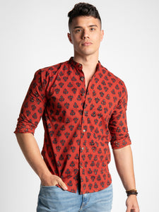 Regular Fit Block Printed Cotton Shirt - Ankur Red
